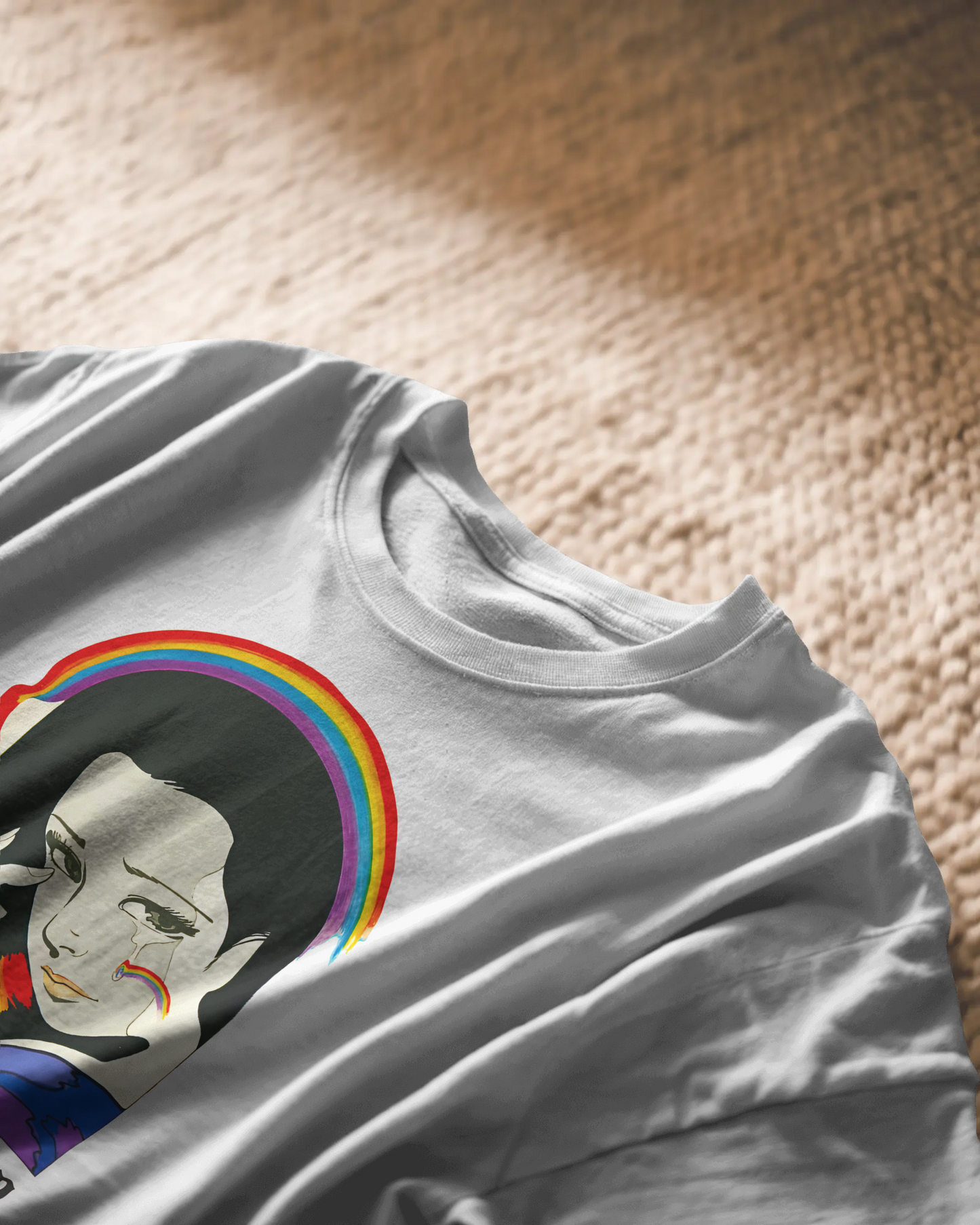 Rainbow Tears, white color, front side, on carpet closeup view, oversized, graphic printed t-shirt