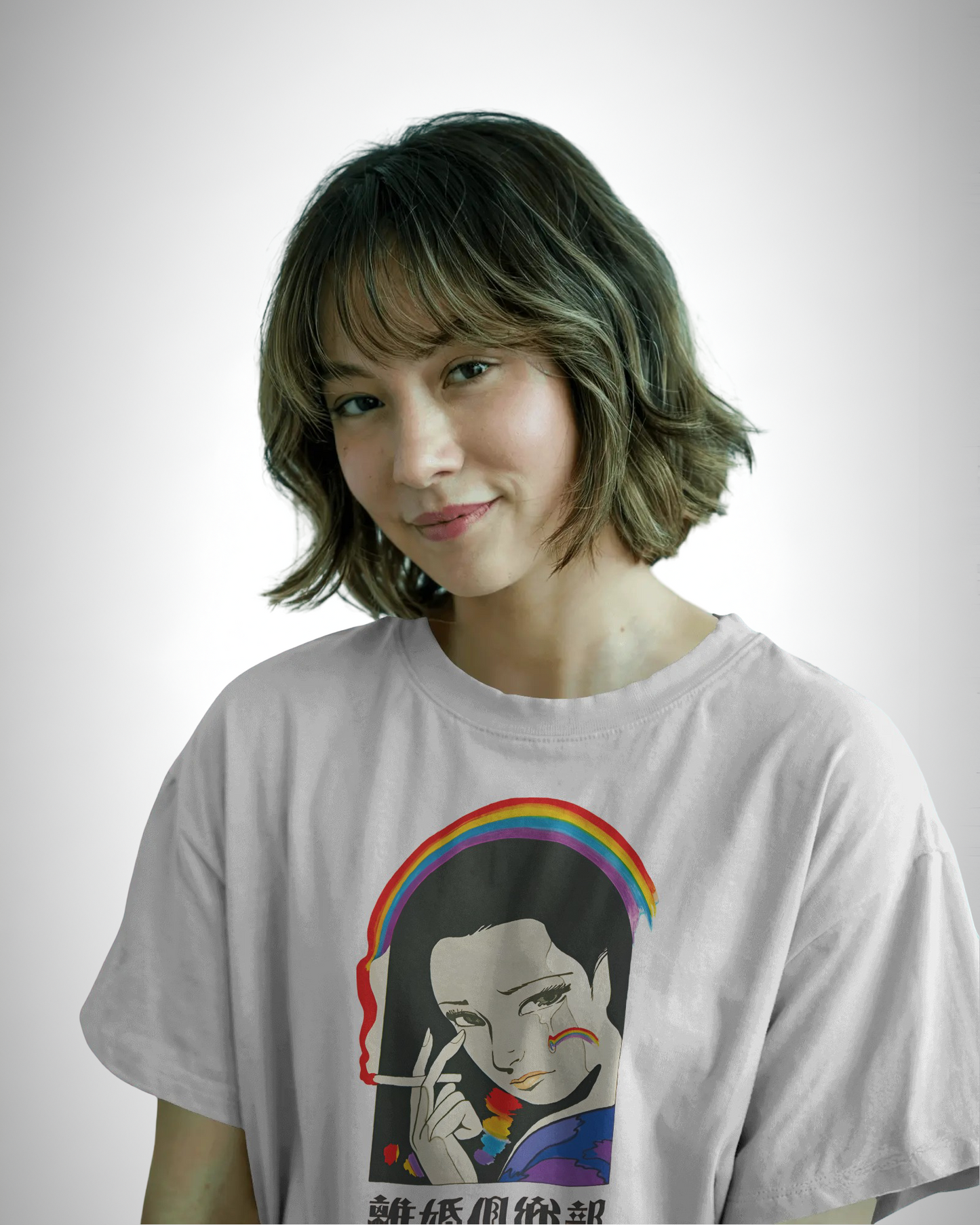 Rainbow Tears, white color, front side, girl wearing, oversized, graphic printed t-shirt