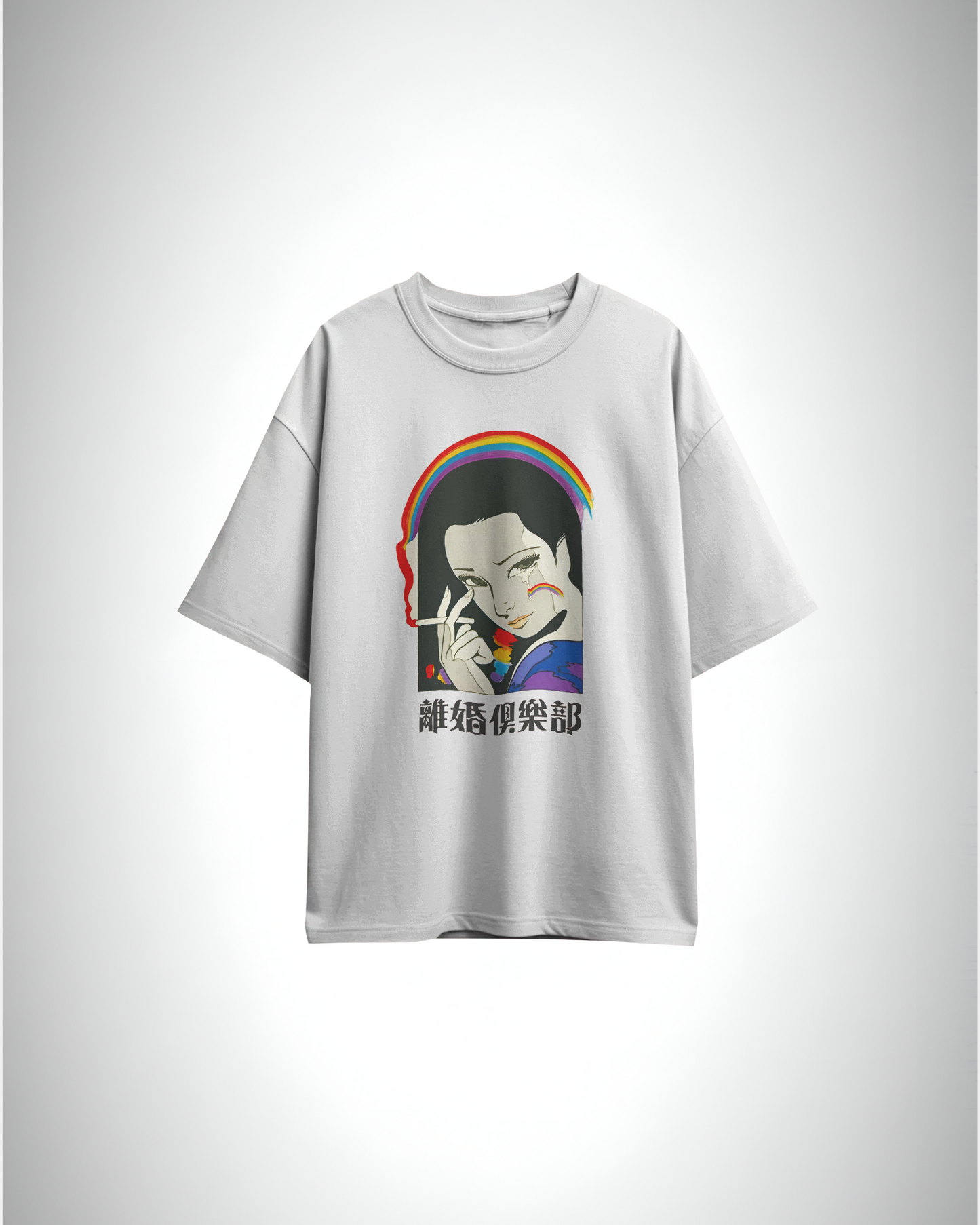 Rainbow Tears, white color, front side, oversized, graphic printed t-shirt