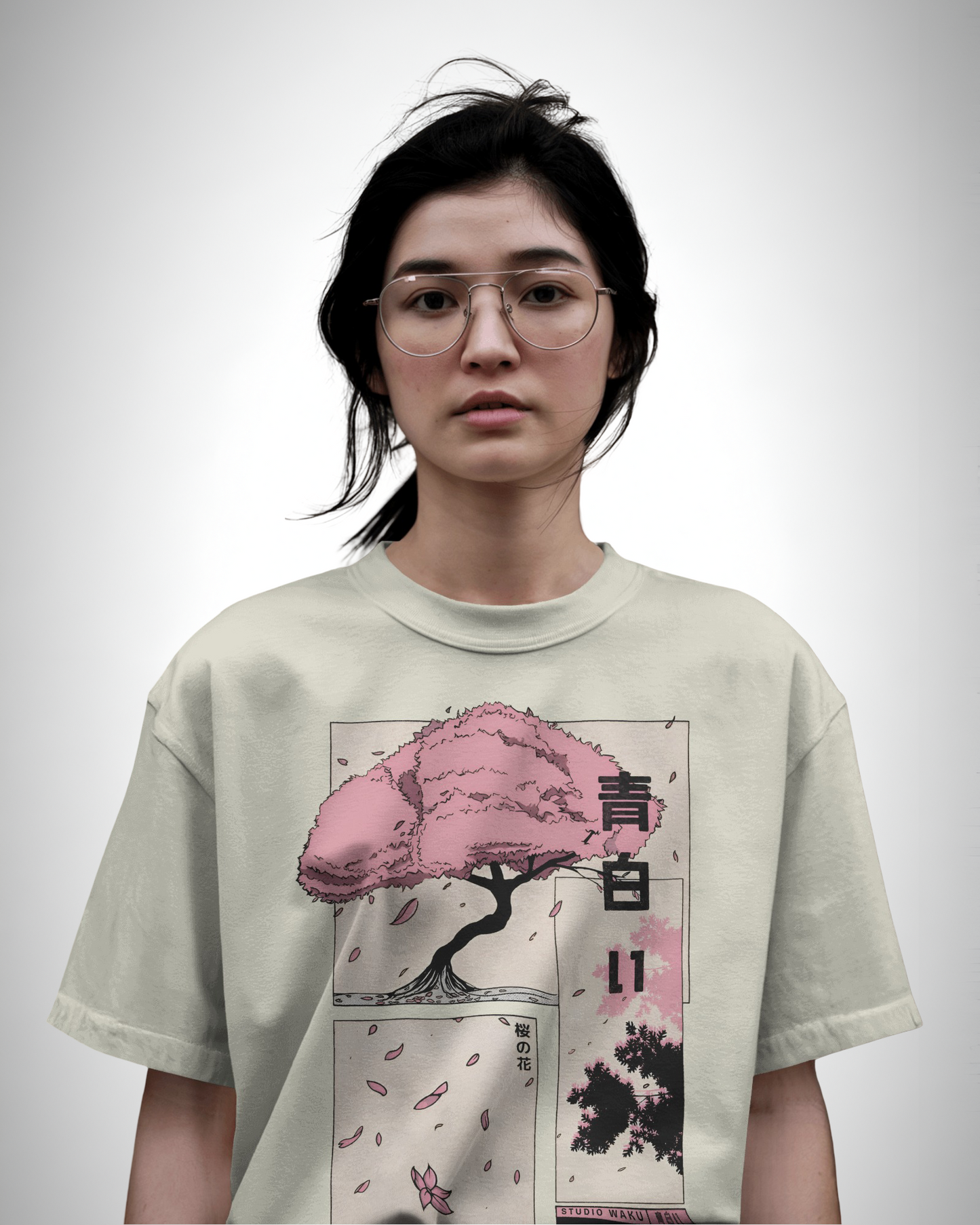 Sakura Dreams, off white color, front side, girl with glasses wearing, oversized printed t-shirt