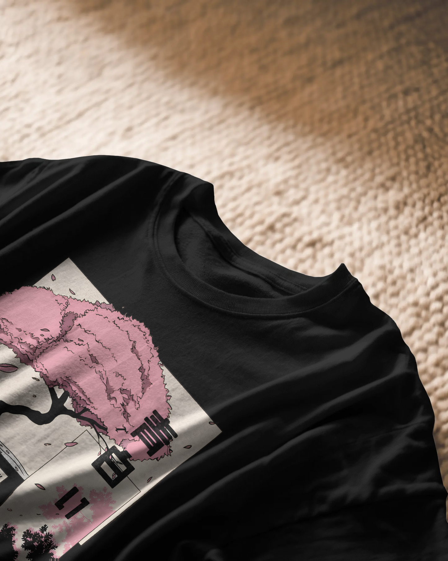 Sakura Dreams, black color, close up, on carpet, front side, oversized printed t-shirt