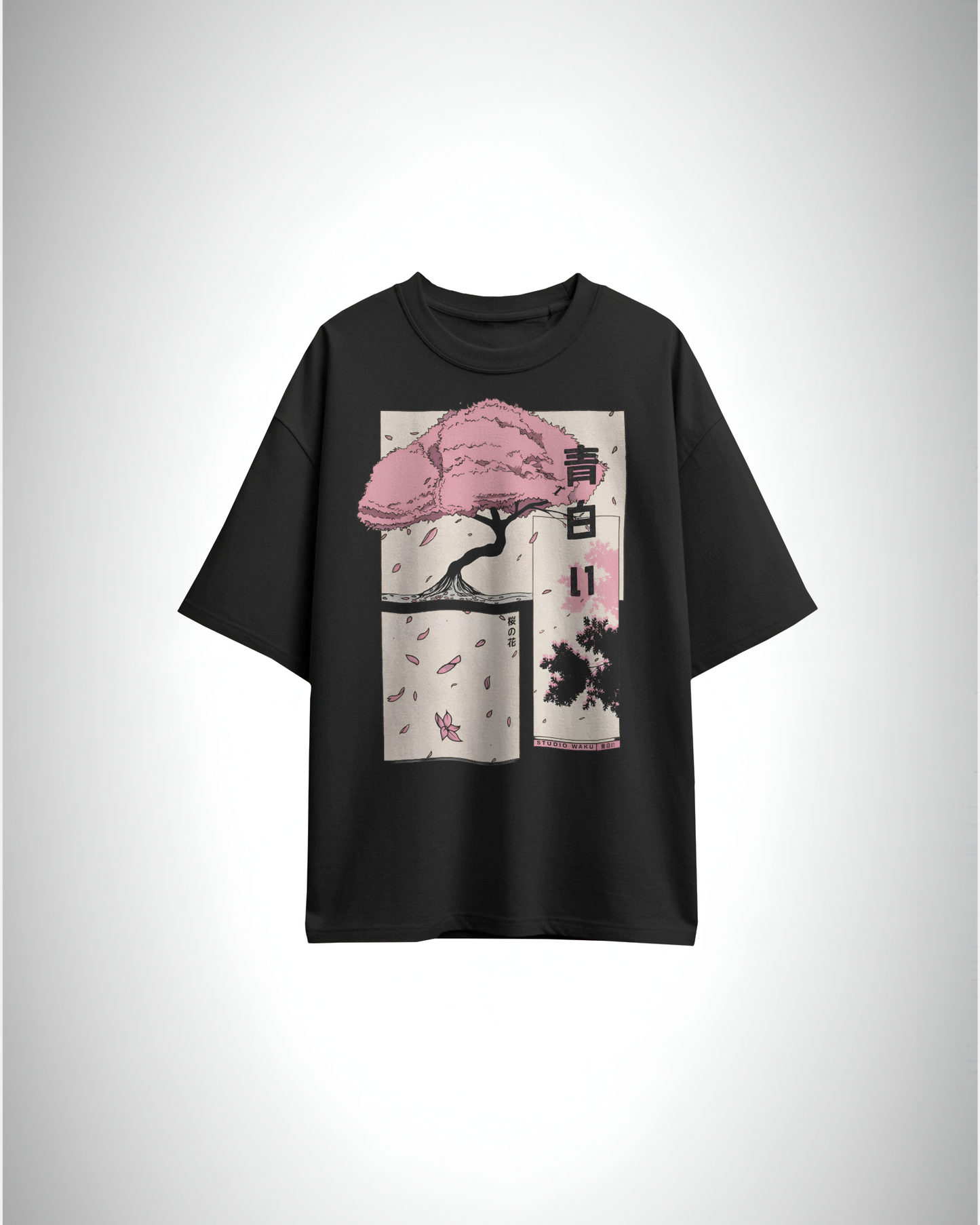 Sakura Dreams, black color, front side, oversized printed t-shirt