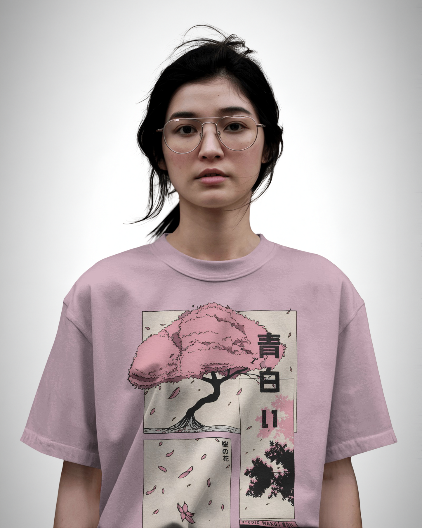 Sakura Dreams, baby pink color, front side, girl with glasses wearing, oversized printed t-shirt