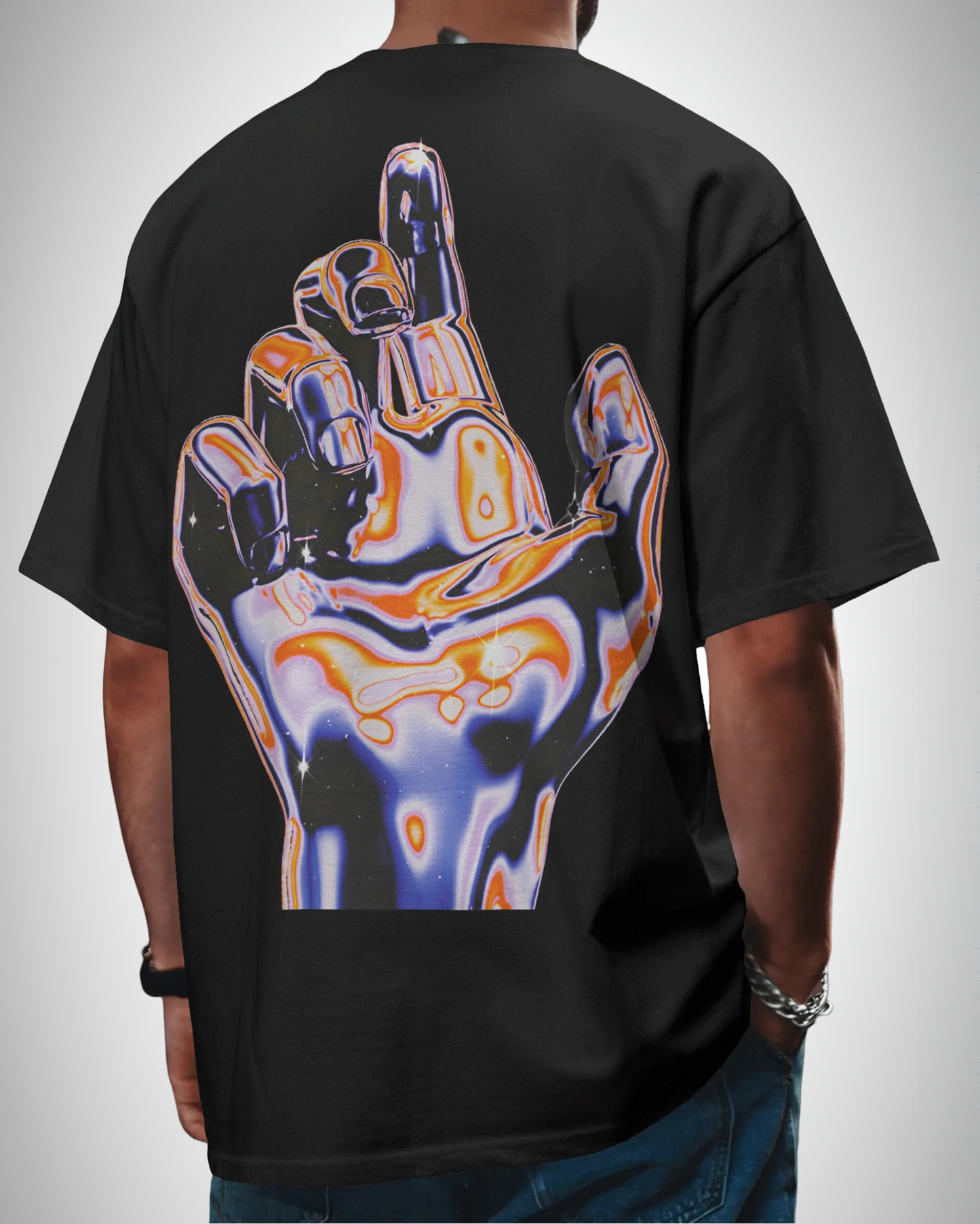 Tokyo Street: Lost In Neon Realm, back view, black color, oversized t-shirt, man wearing, graphic printed t-shirt.