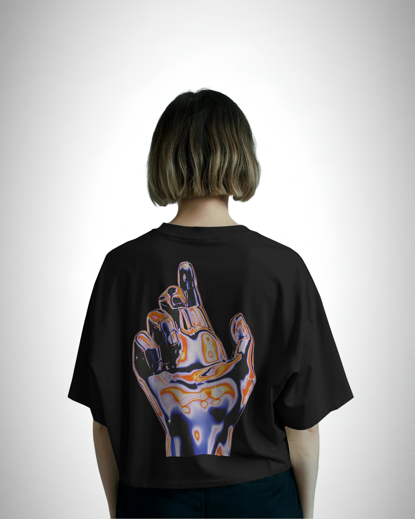 Tokyo Street: Lost In Neon Realm, back view, black color, oversized t-shirt, girl wearing, graphic printed t-shirt.