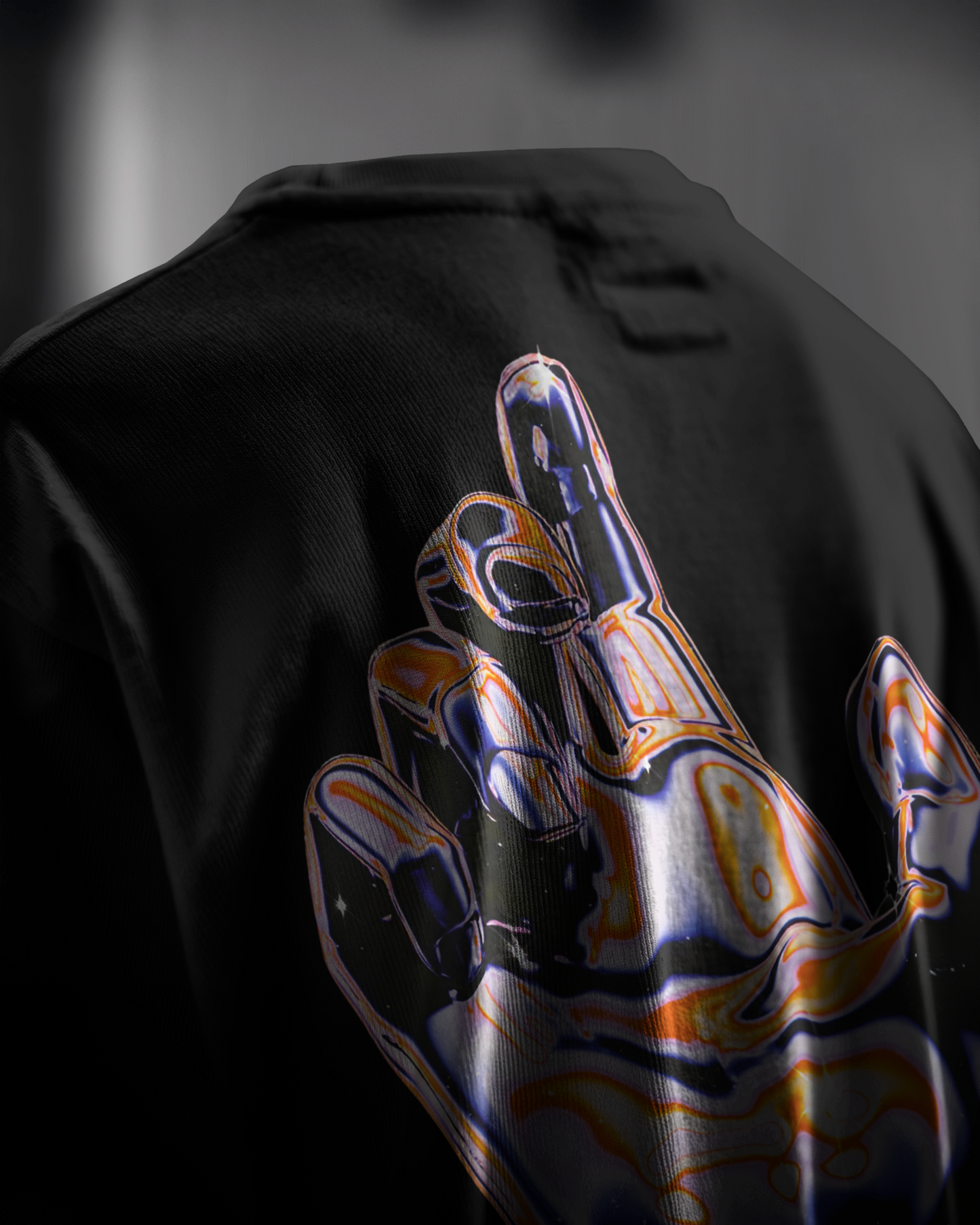 Tokyo Street: Lost In Neon Realm, closeup, back view, black color, oversized t-shirt, graphic printed t-shirt.