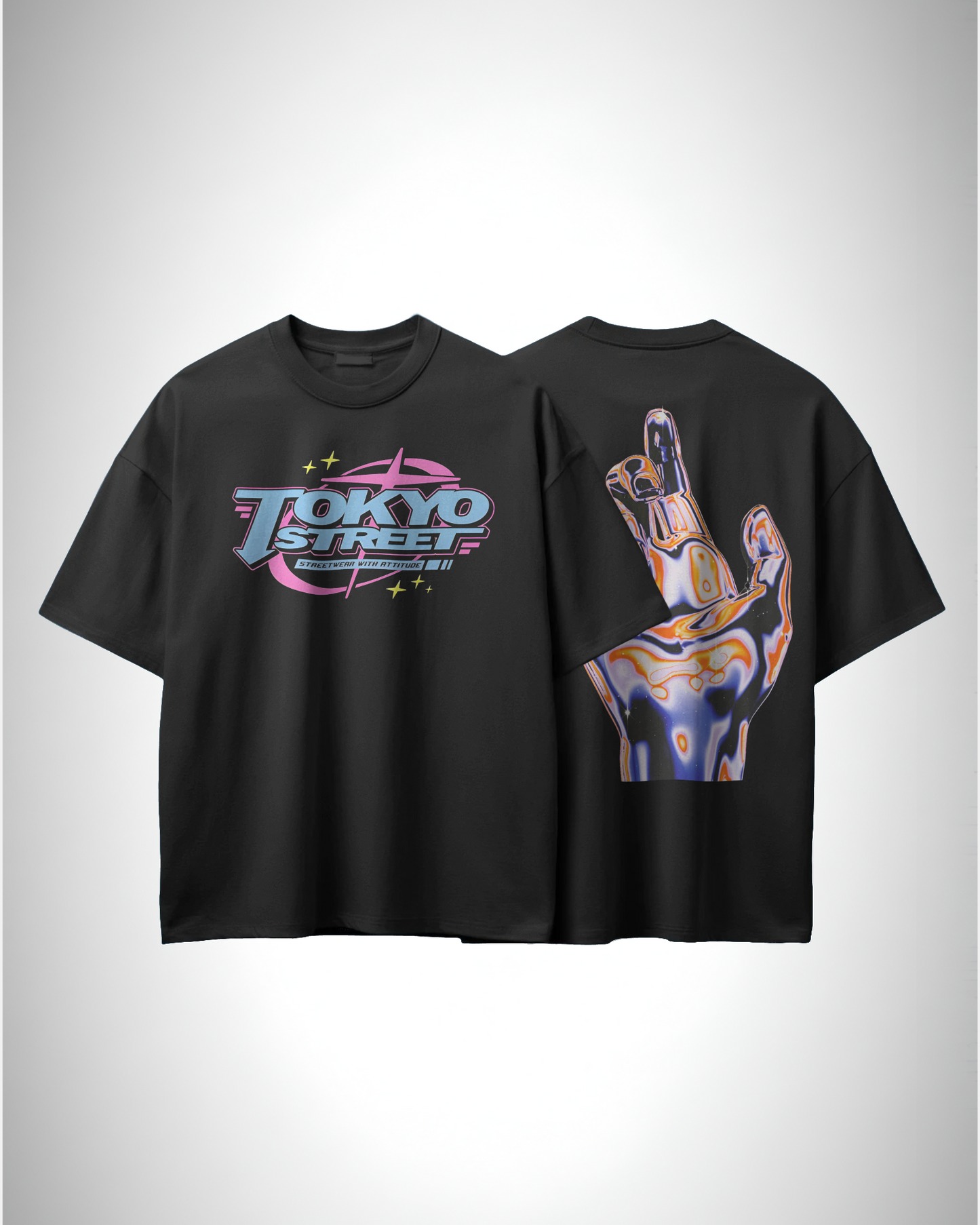 Tokyo Street: Lost In Neon Realm, front and back view, black color, oversized t-shirt, graphic printed t-shirt.