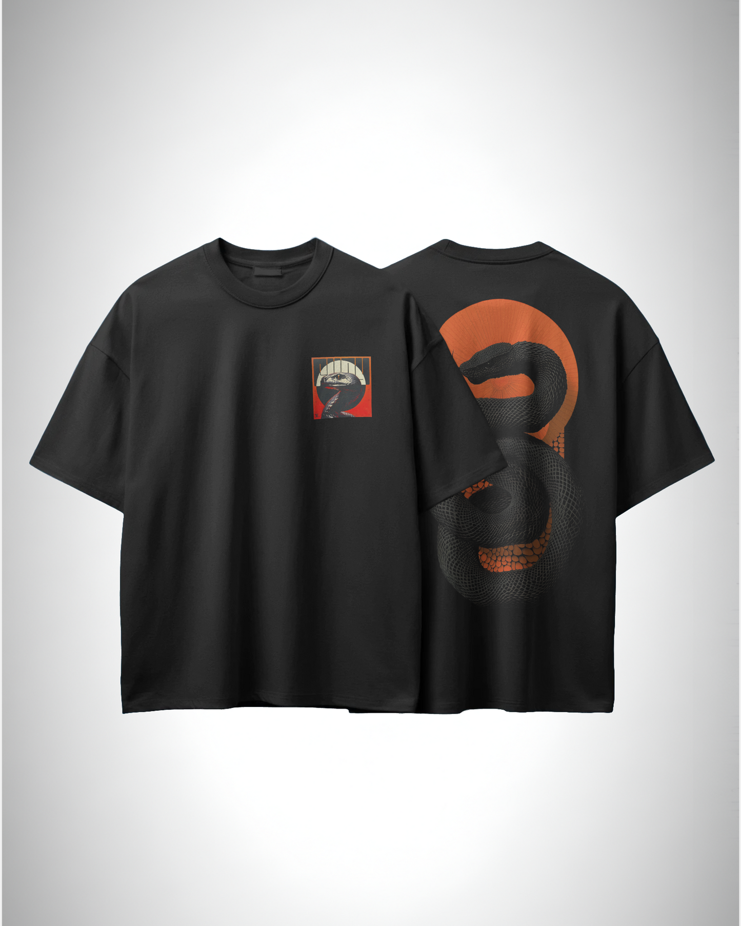 Venomous Sunset, front and back view, black color, oversized t-shirt, graphic printed t-shirt.