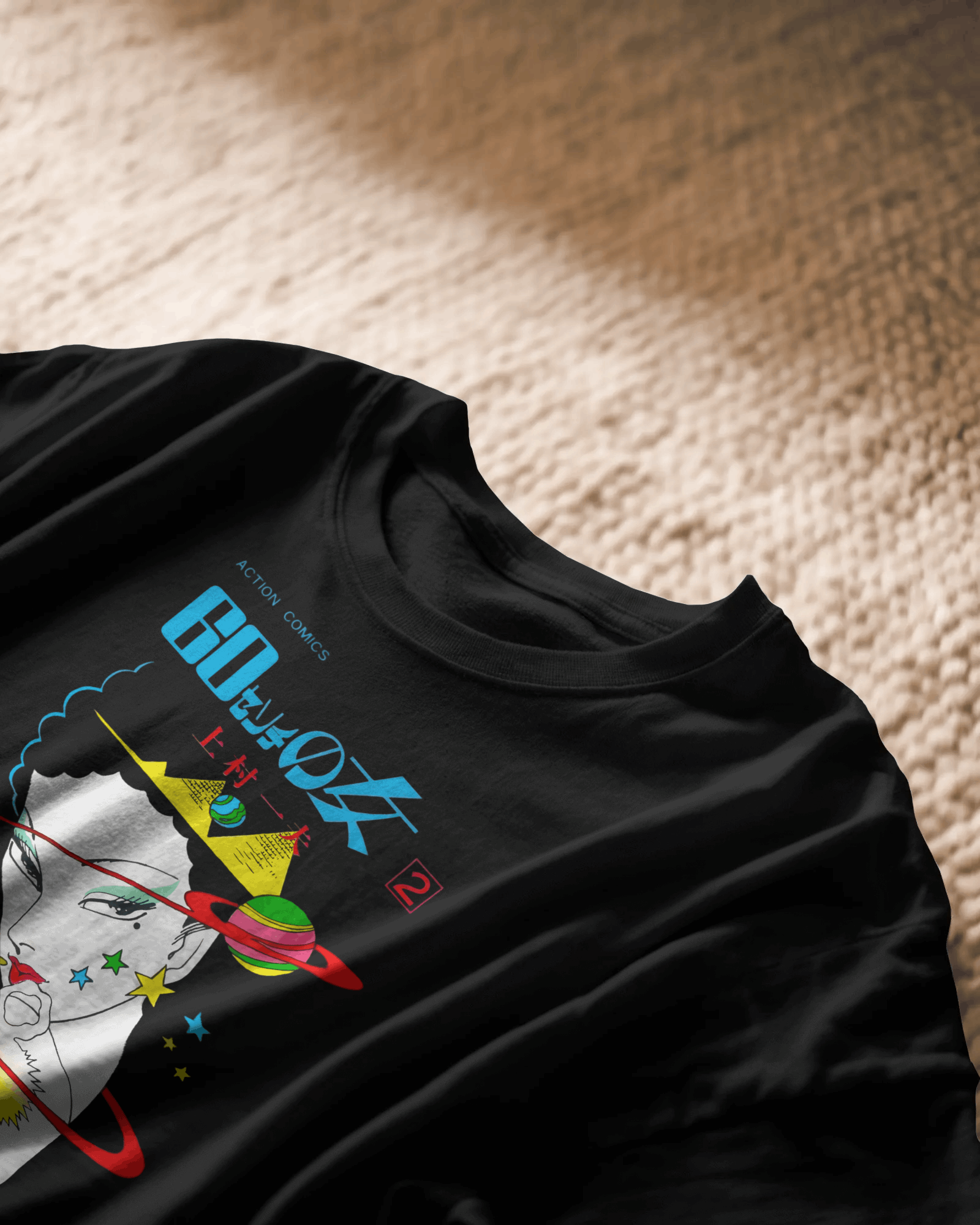 Astro Muse, black color, on carpet, close look, front side, oversized graphic printed t-shirt