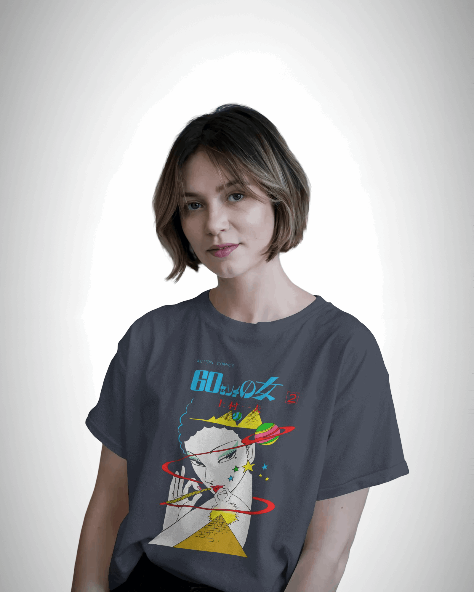 Astro Muse, navy blue color, front side, girl wearingoversized graphic printed t-shirt