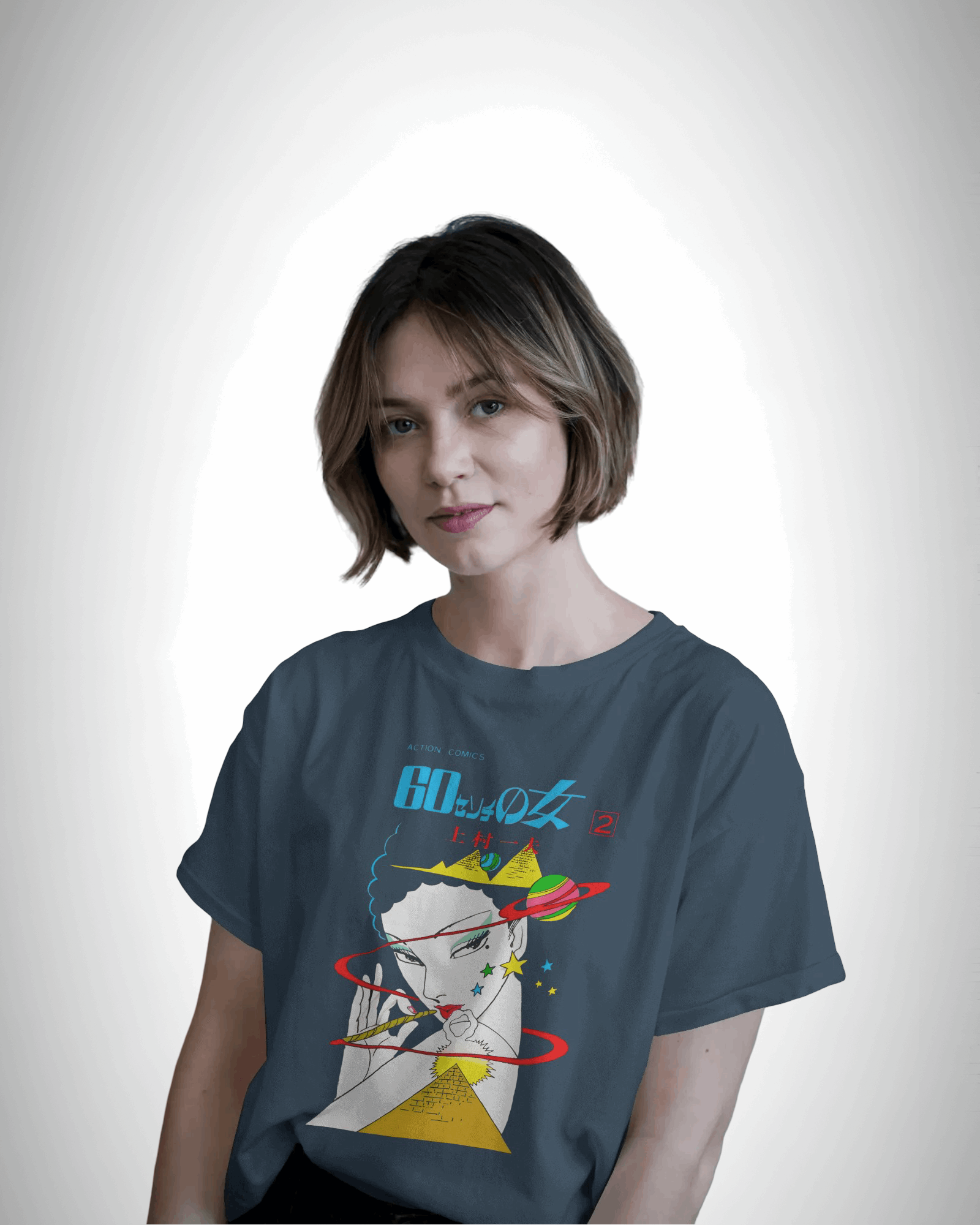 Astro Muse, petrol blue color, front side, girl wearing, oversized graphic printed t-shirt