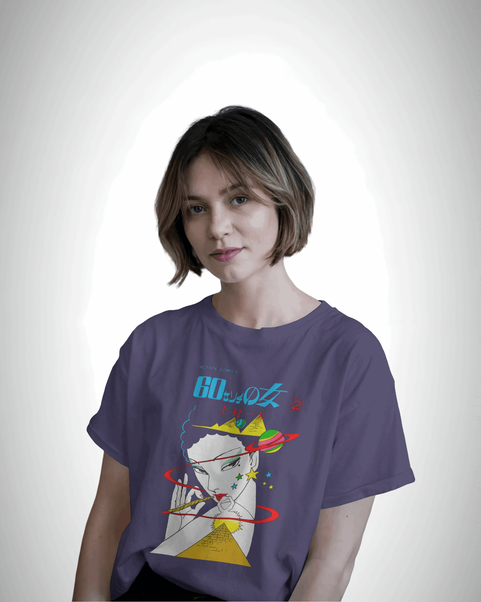 Astro Muse, purple color, front side, girl with short hair wearing, oversized graphic printed t-shirt