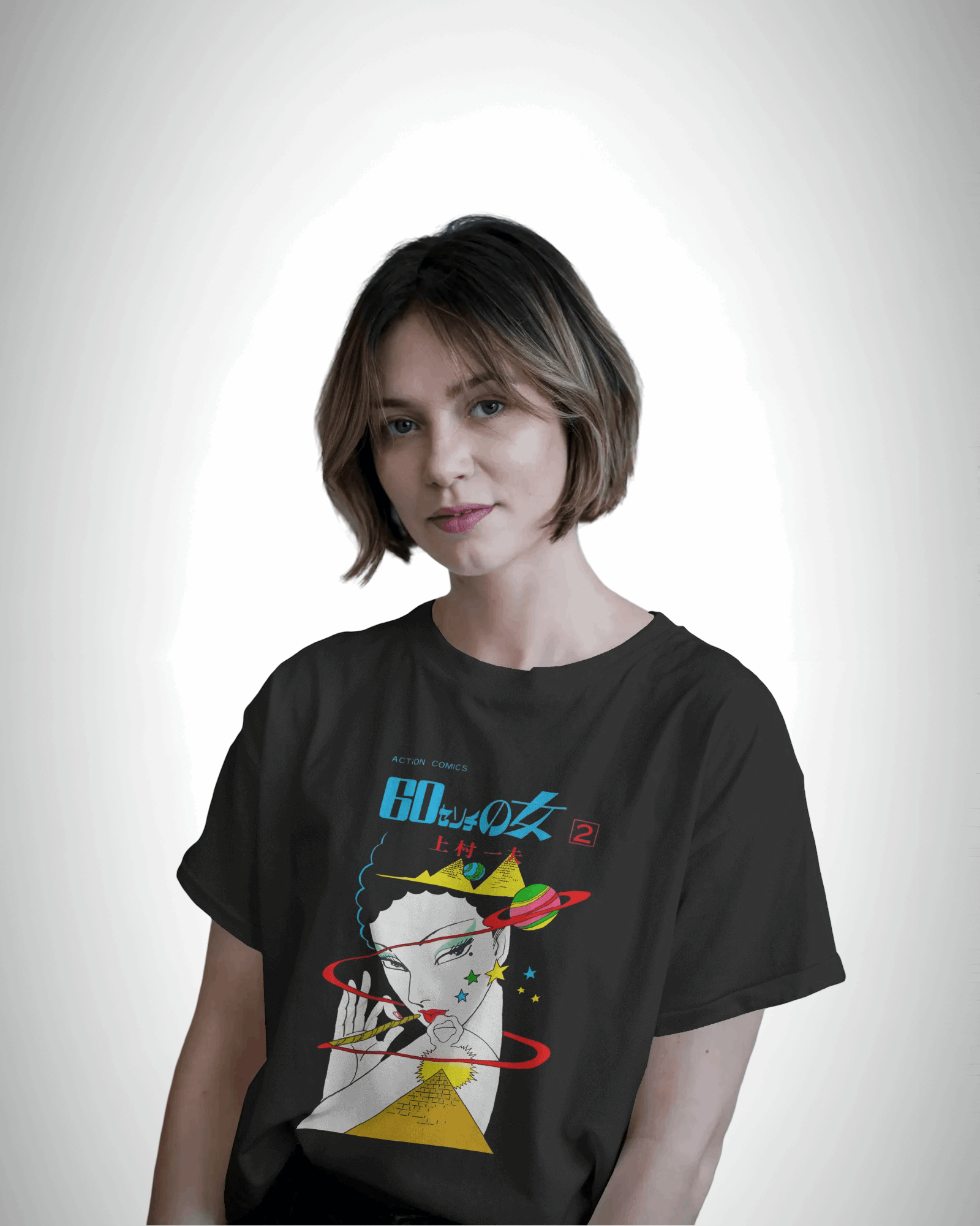 Astro Muse, black color, front side, girl in short hair wearing, oversized graphic printed t-shirt