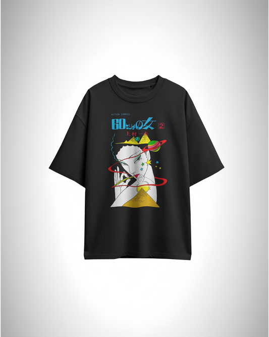 Astro Muse, black color, front side, oversized graphic printed t-shirt