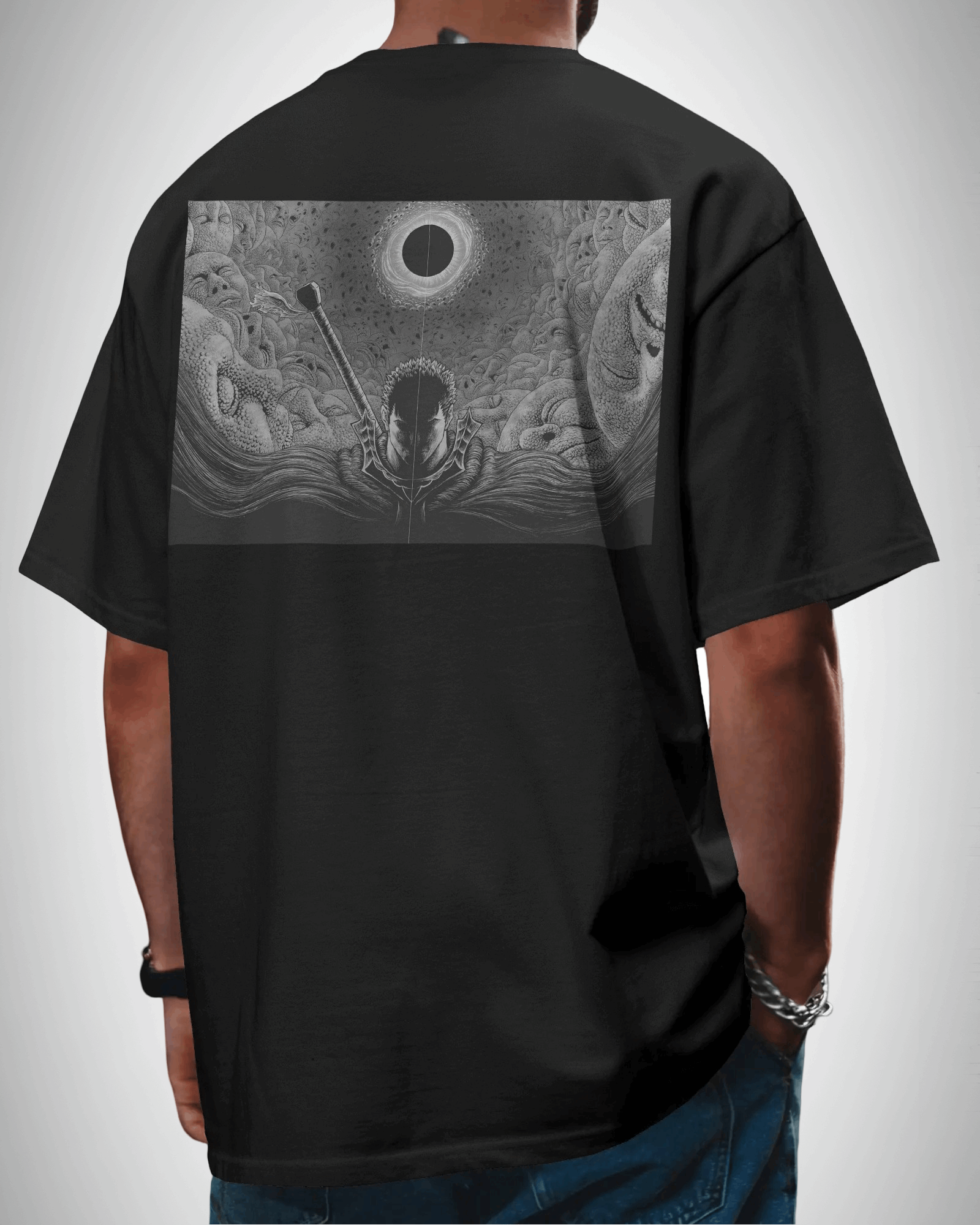 Berserk Eclipse Requeim, back view, black color, man wearing, oversized t-shirt, graphic printed t-shirt.
