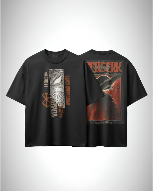 Berserk Blood Moon Legacy, front and back view, black color, oversized t-shirt, graphic printed t-shirt.