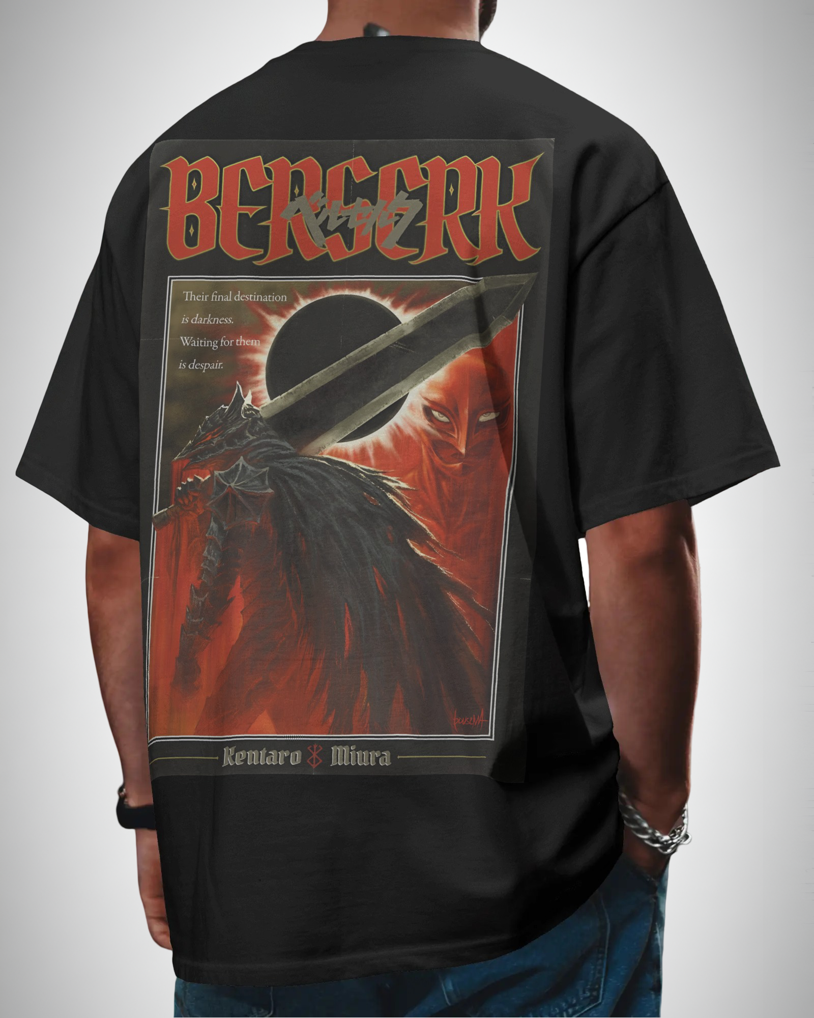 Berserk Blood Moon Legacy, back view, man wearing, black color, oversized t-shirt, graphic printed t-shirt.