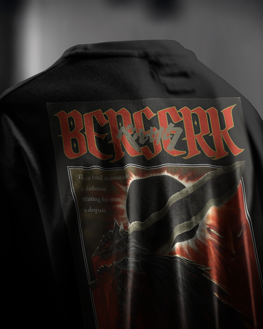 Berserk Blood Moon Legacy, back view, closeup, black color, oversized t-shirt, graphic printed t-shirt.