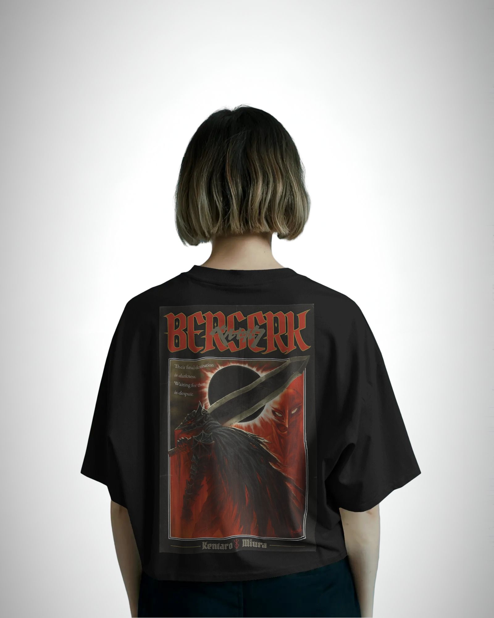 Berserk Blood Moon Legacy, back view, girl wearing, black color, oversized t-shirt, graphic printed t-shirt.