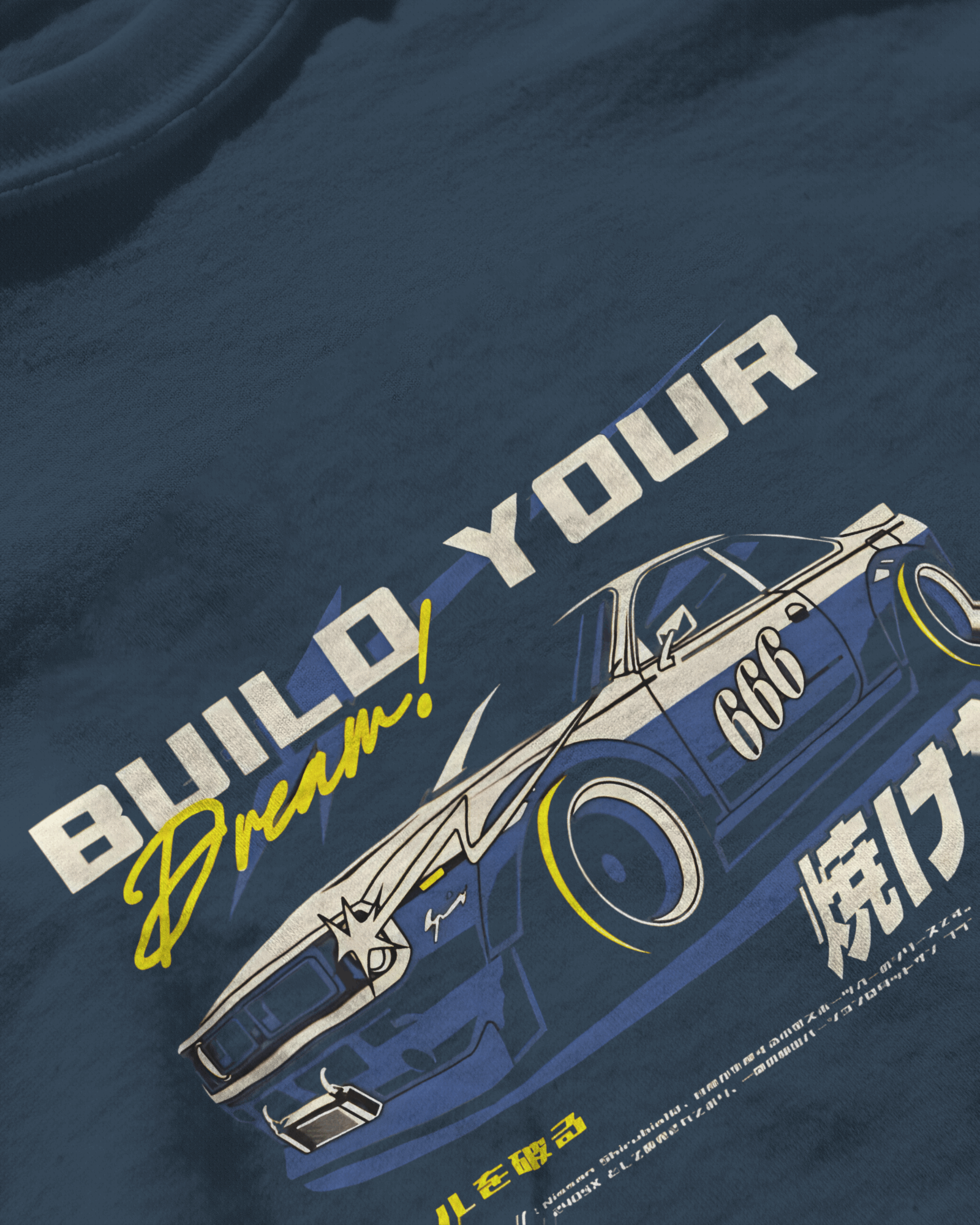 Build Your Dream: Kaido Racer Edition, blue color, closeup,  front side, oversized graphic printed t-shirt.