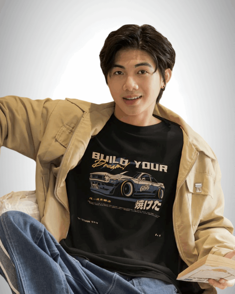 Build Your Dream: Kaido Racer Edition, man wearing, black color, front side, oversized graphic printed t-shirt.