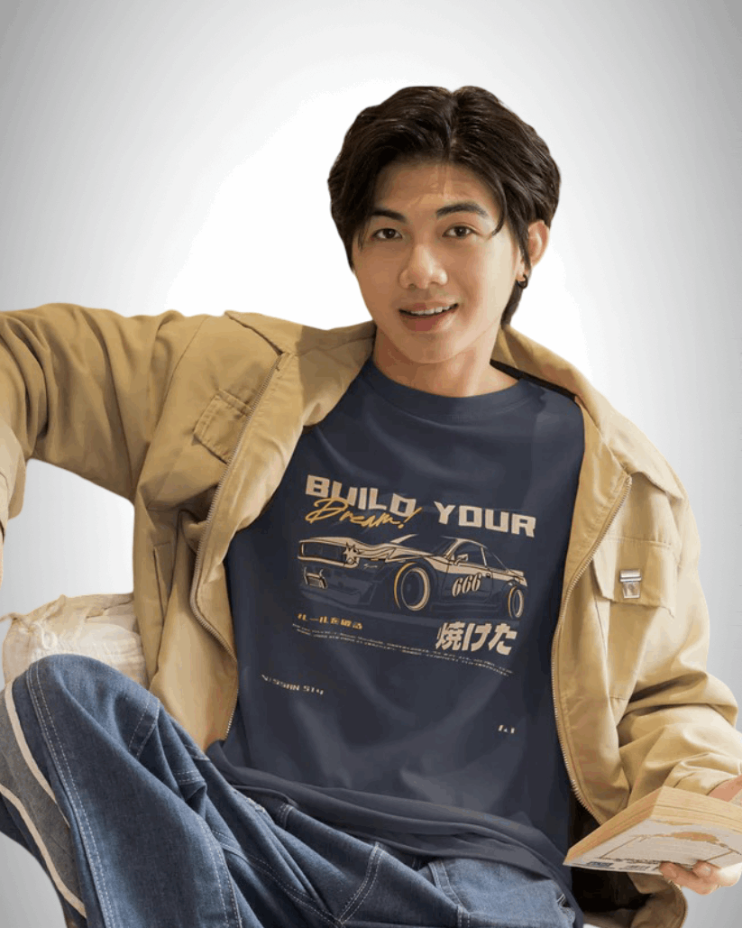 Build Your Dream: Kaido Racer Edition, petrol blue color, man wearing, front side, oversized graphic printed t-shirt.