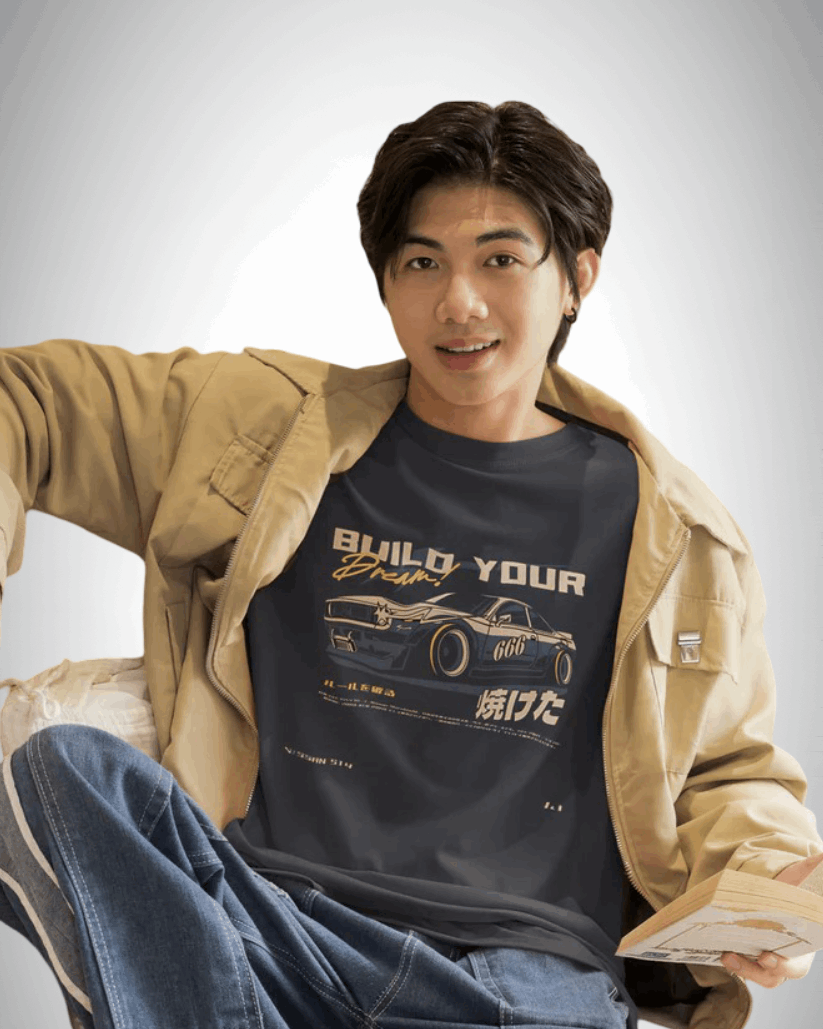 Build Your Dream: Kaido Racer Edition, blue color, man wearing, front side, oversized graphic printed t-shirt.