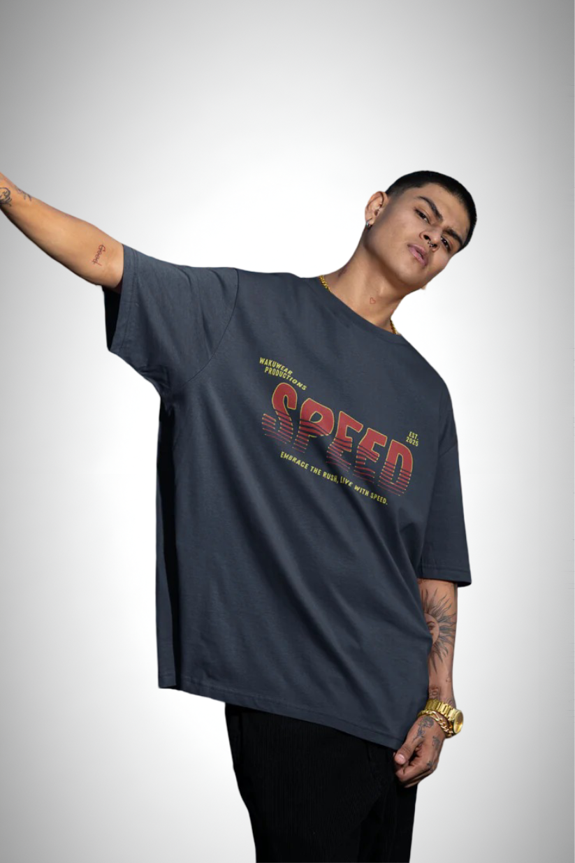 Built For Speed, blue color, front side, man wearing in blueoversized t-shirt, printed t-shirt.