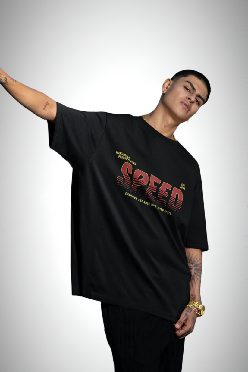 Built For Speed, black color, front side, man wearing in black, oversized t-shirt, printed t-shirt.