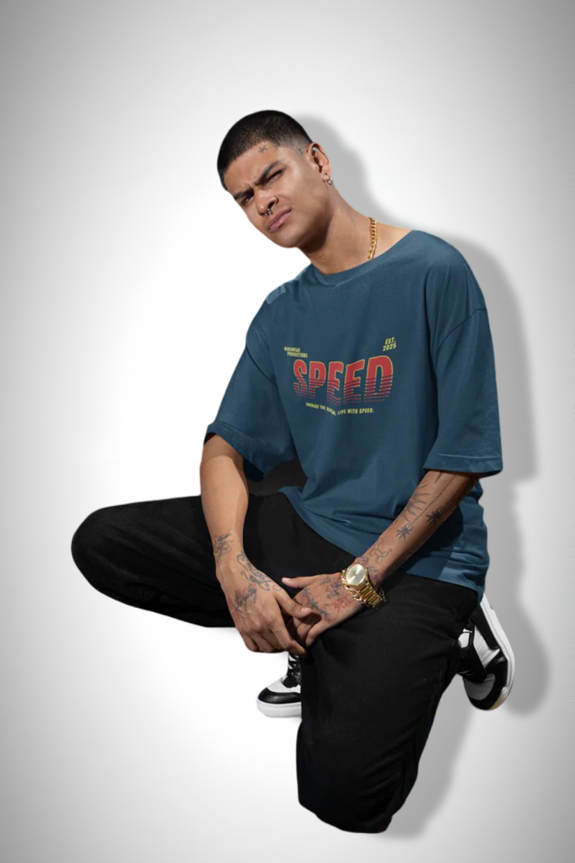 Built For Speed, black color, front side, man wearing, oversized t-shirt, printed t-shirt.