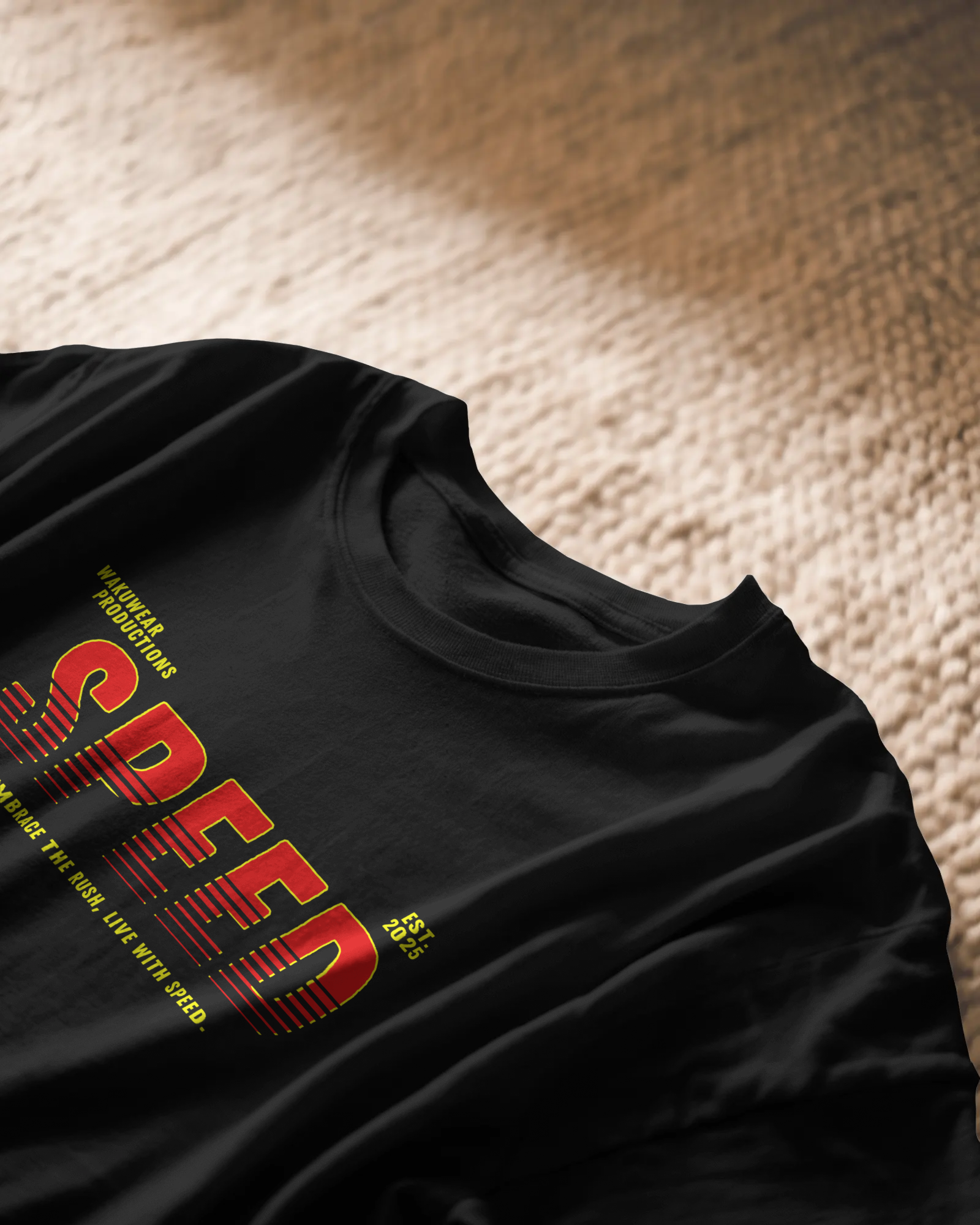 Built For Speed, black color, front side, closeup on carpet, oversized t-shirt, printed t-shirt.