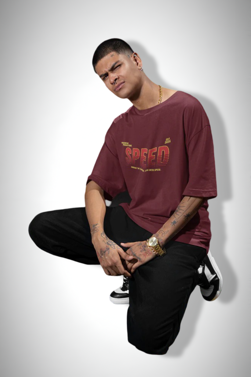 Built For Speed, red color, front side, man wearing in red, oversized t-shirt, printed t-shirt.