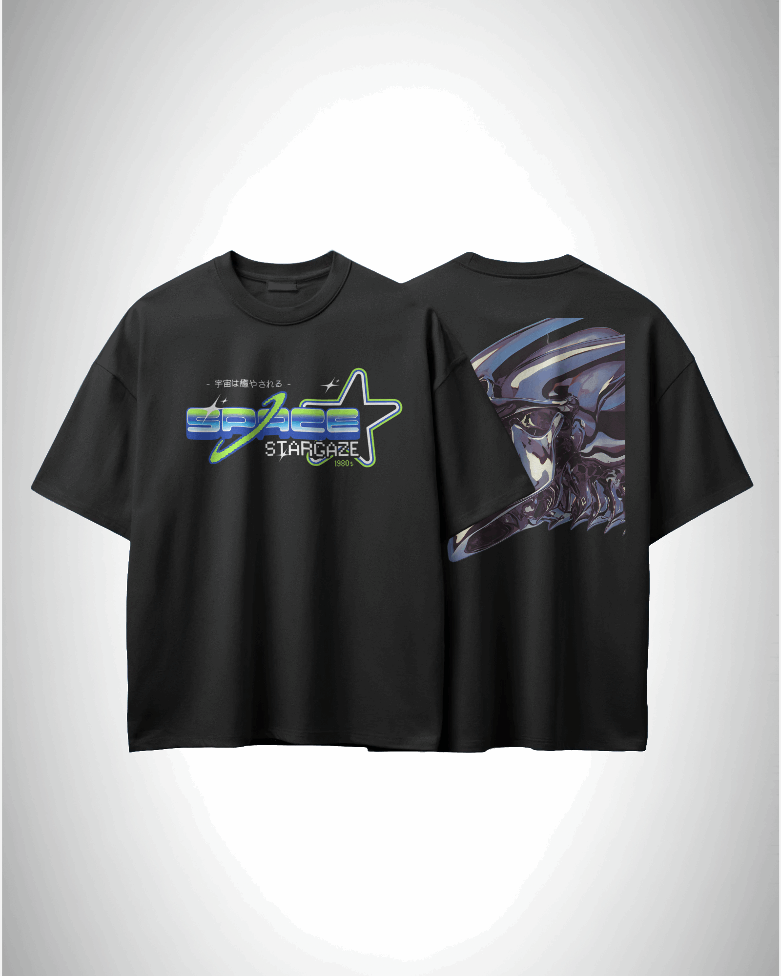 Cosmic Terror Stargaze Protocol, front and back view, black color, oversized t-shirt, graphic printed t-shirt.
