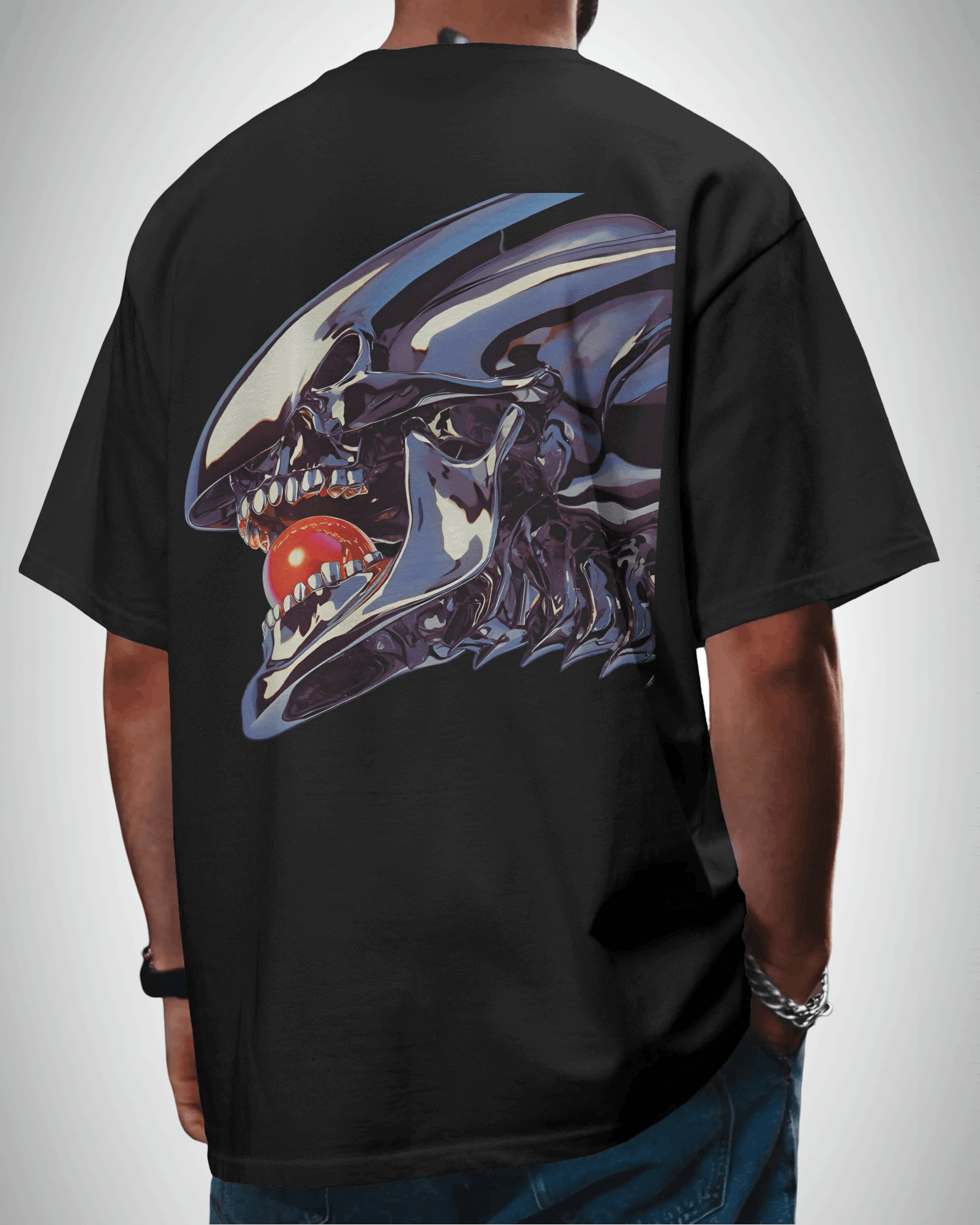 Cosmic Terror Stargaze Protocol, back view, black color, oversized t-shirt, man wearing, graphic printed t-shirt.