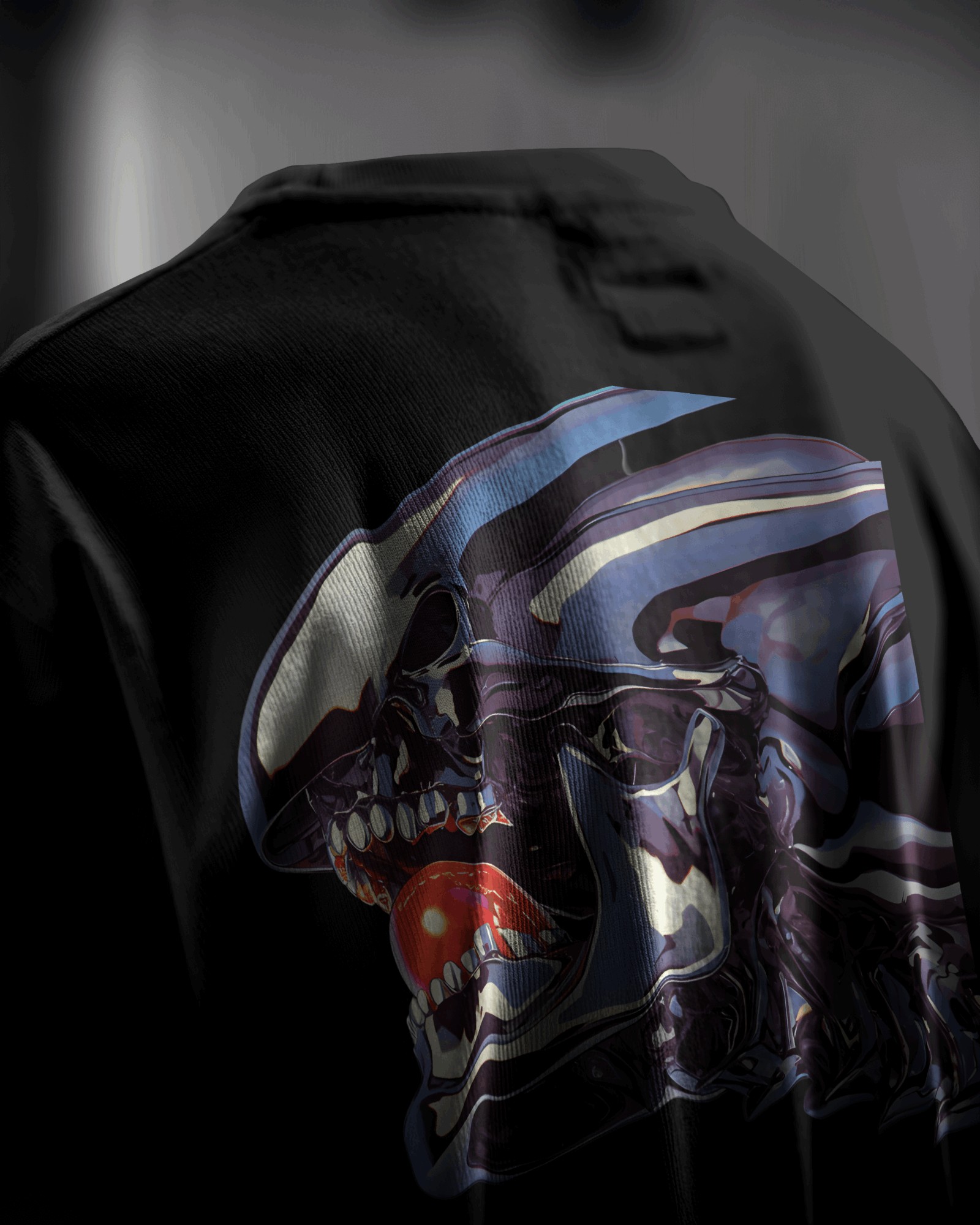 Cosmic Terror Stargaze Protocol, back view, closeup, black color, oversized t-shirt, graphic printed t-shirt.