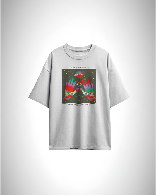 cosmic vision, oversized t-shirt, white color, front side, printed t-shirt.
