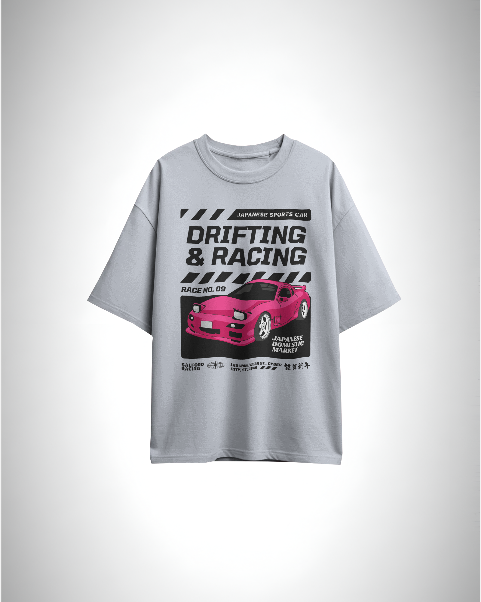 Drift Edition RX7, grey color, front side, oversized graphic printed t-shirt.