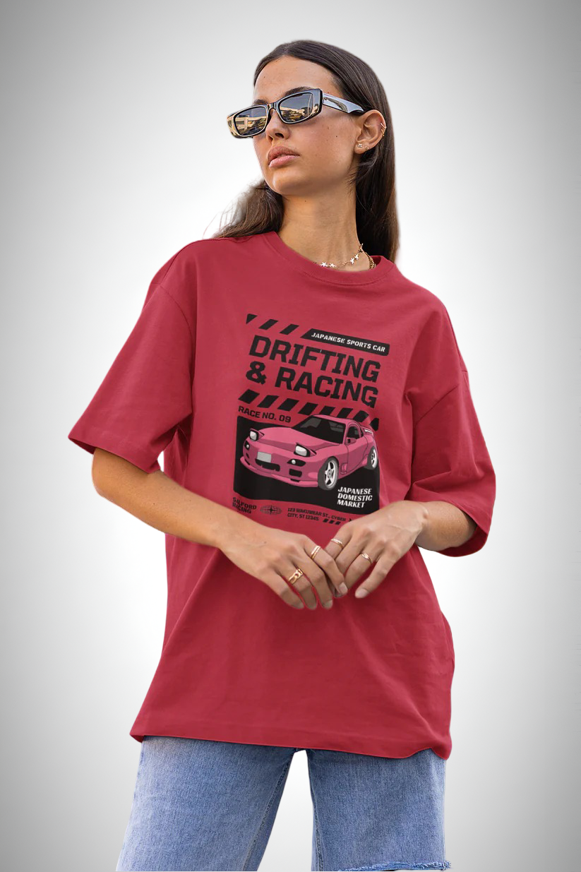 Drift Edition RX7, red color, front side, girl with glasses wearing, oversized graphic printed t-shirt.