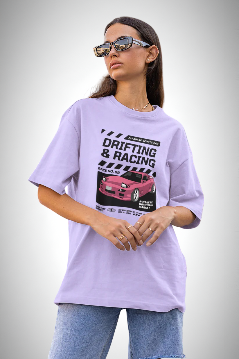 Drift Edition RX7, lavender color, front side, girl with glasses wearing, oversized graphic printed t-shirt.