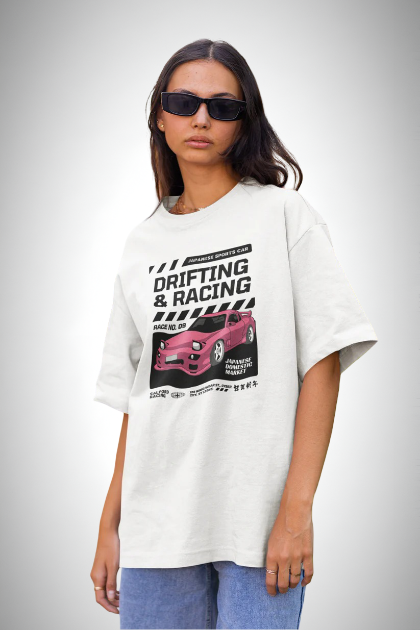 Drift Edition RX7, white color, front side, girl with glasses wearing, oversized graphic printed t-shirt.