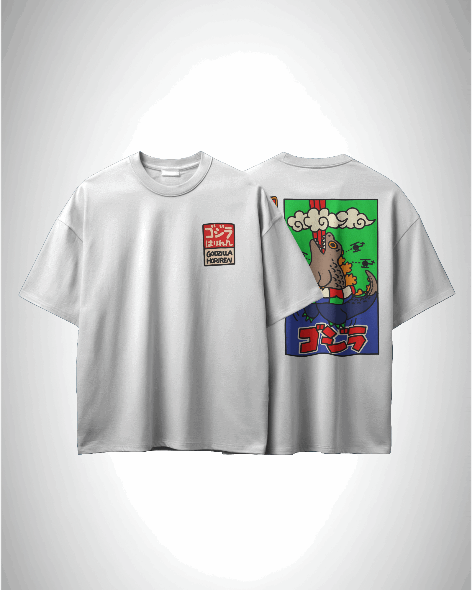 Godzilla Horrinen, front and back design, white color, oversized t-shirt, graphic printed t-shirt.