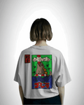 Godzilla Horrinen, back design, girl wearing, white color, oversized t-shirt, graphic printed t-shirt.