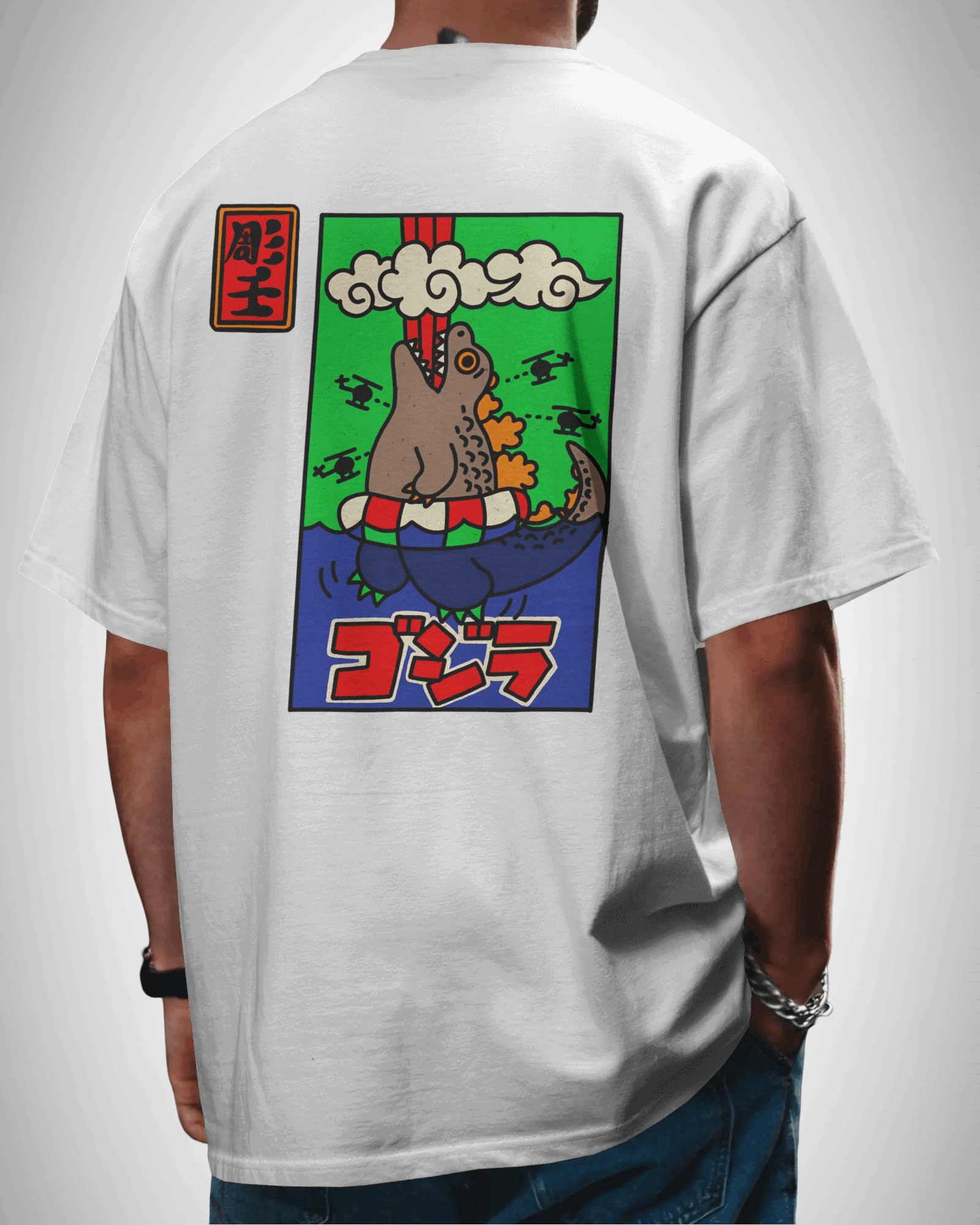Godzilla Horrinen, back design, man wearing, white color, oversized t-shirt, graphic printed t-shirt.