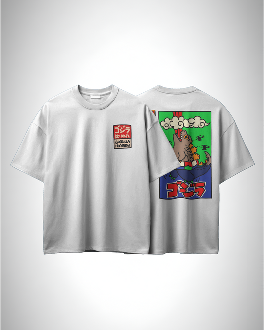 Godzilla Horrinen, front and back design, white color, oversized t-shirt, graphic printed t-shirt.