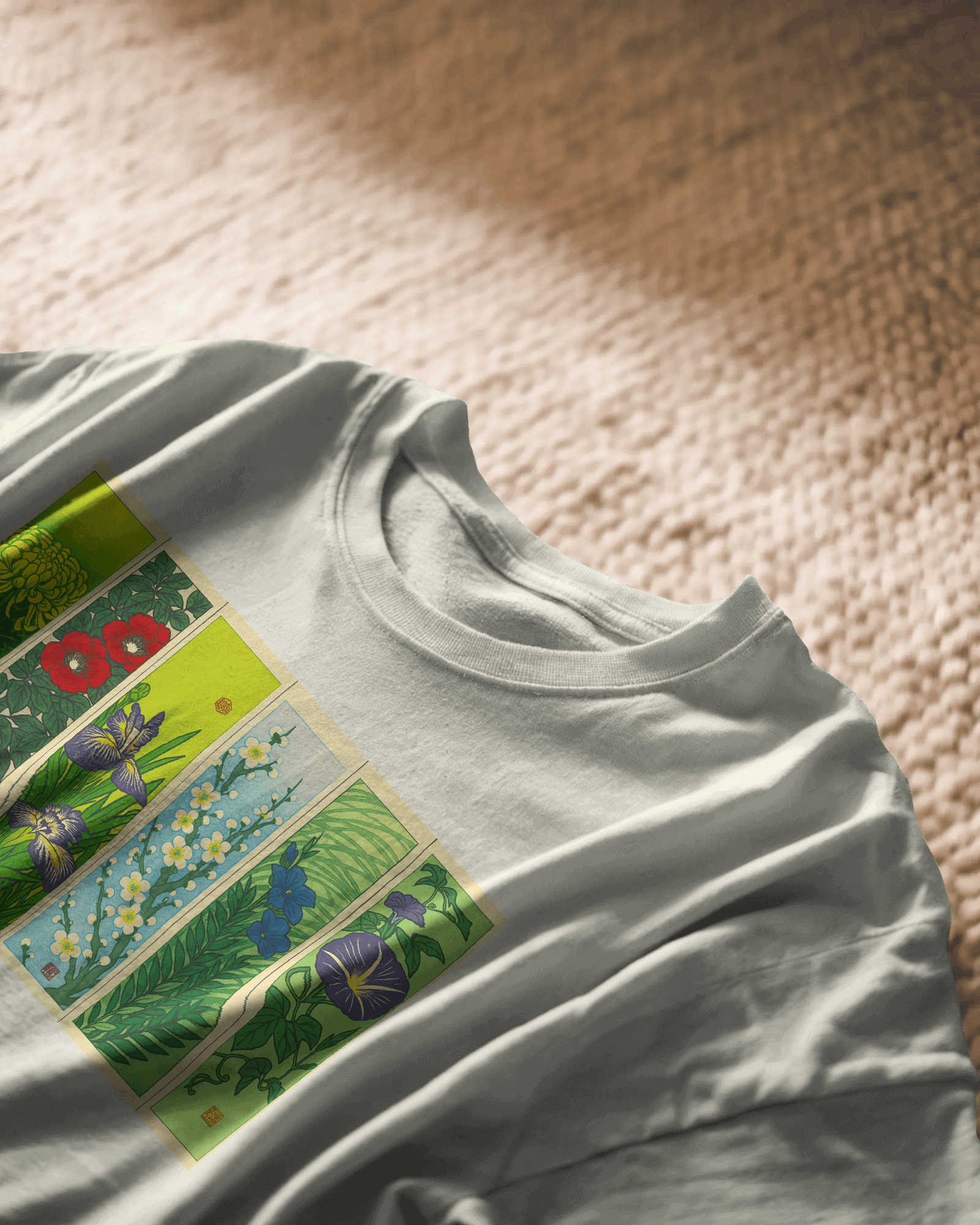 Hanafuda Garden, off white color, close up, on carper, front side, oversized printed t-shirt