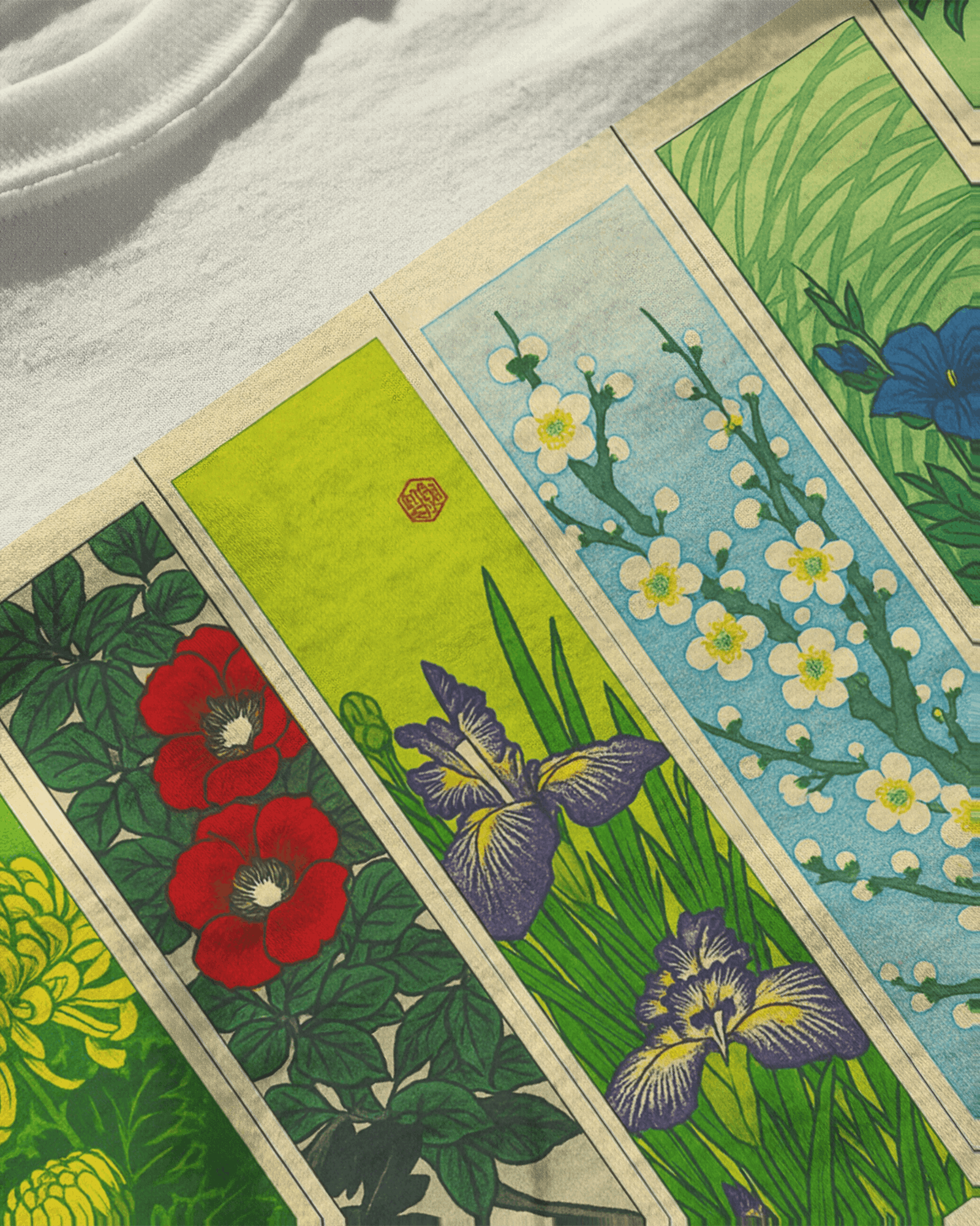 Hanafuda Garden, off white color, close up look,  front side, oversized printed t-shirt