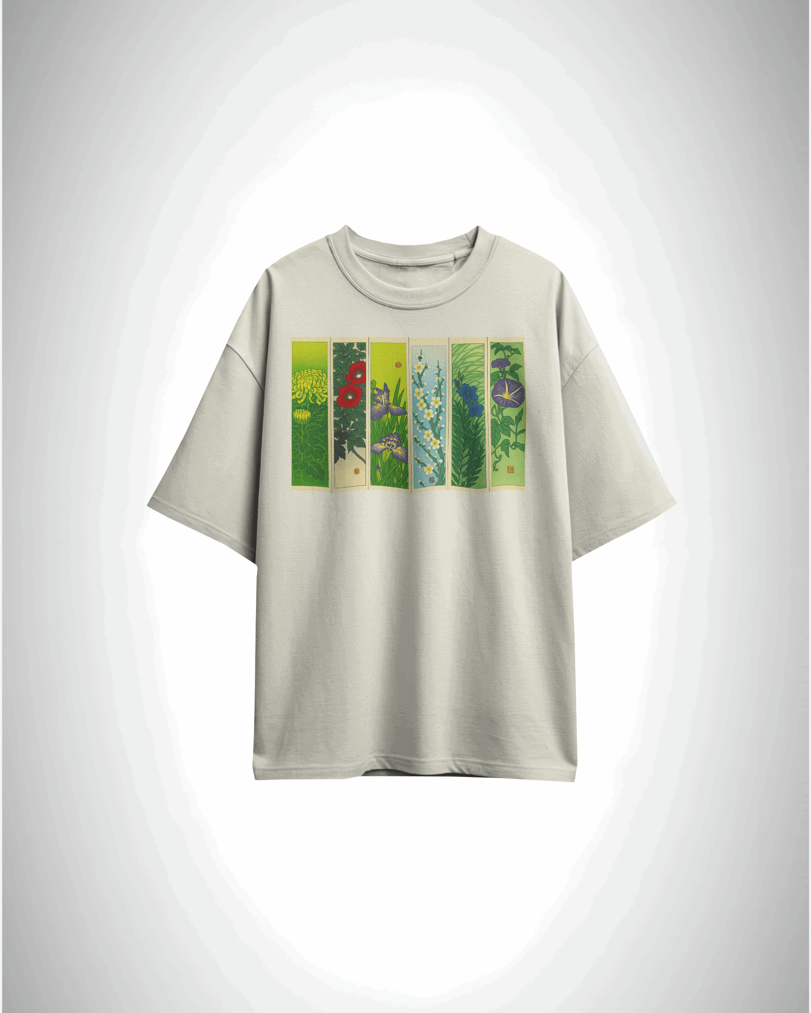 Hanafuda Garden, off white color, front side, oversized printed t-shirt