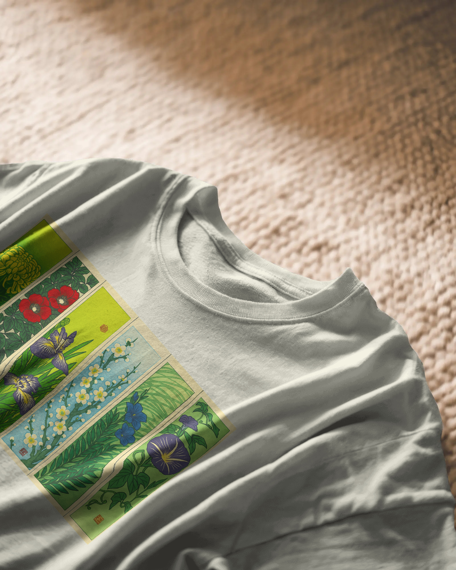 Hanafuda Garden, off white color, close up, on carper, front side, oversized printed t-shirt