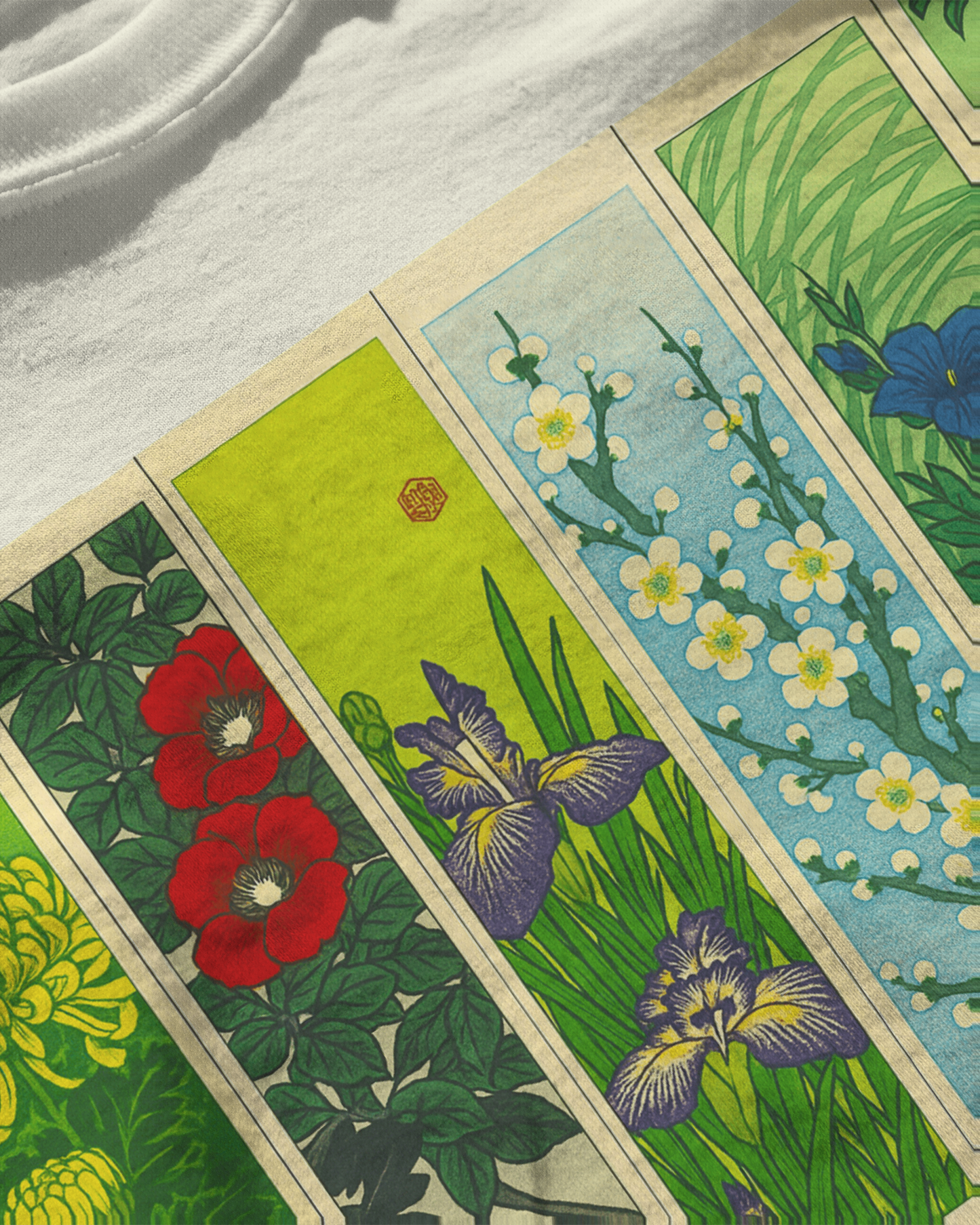 Hanafuda Garden, off white color, close up look,  front side, oversized printed t-shirt