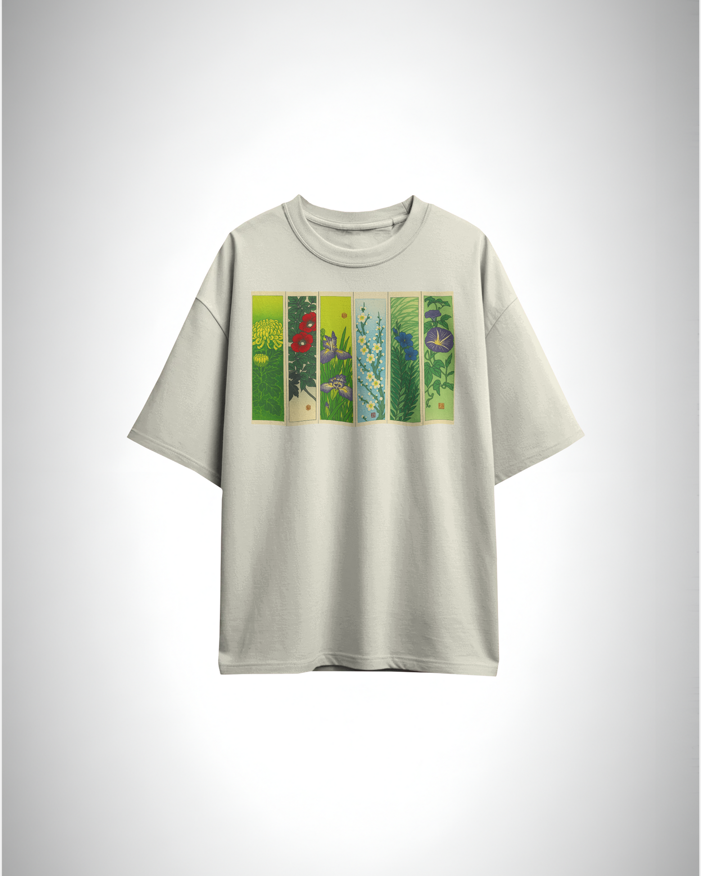 Hanafuda Garden, off white color, front side, oversized printed t-shirt